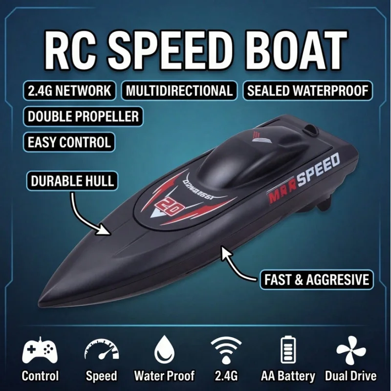Electric Remote Control Boat Toy for Children 2.4G Wireless Double Motor Speedboat Kids Playtime with Powerful Motor Boys Gift