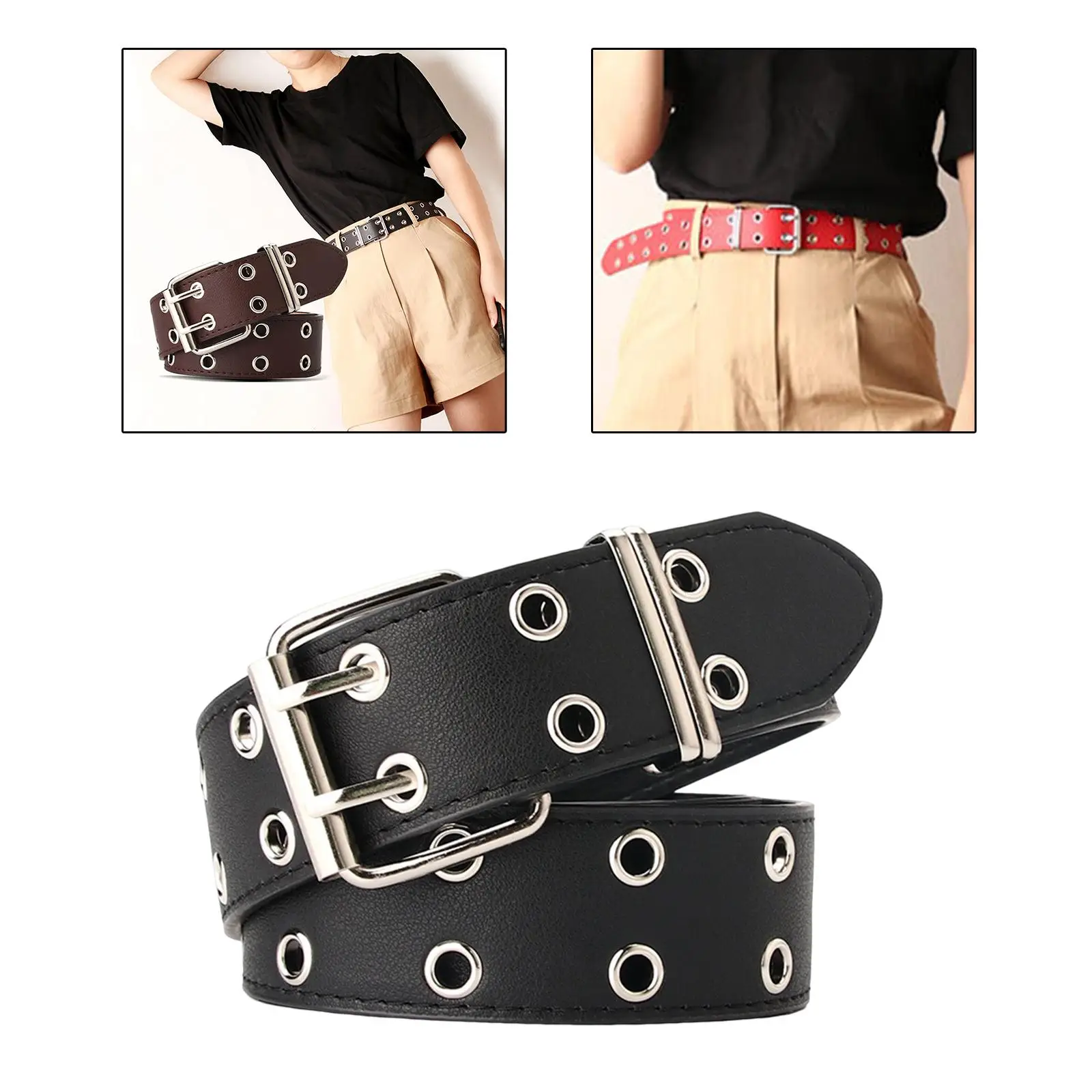 Double Grommet Belt for Women Adjustable with 2 Hole Cosplay Vintage Double Prong Buckle Eyelet Rock PU Leather Punk Jeans Belt