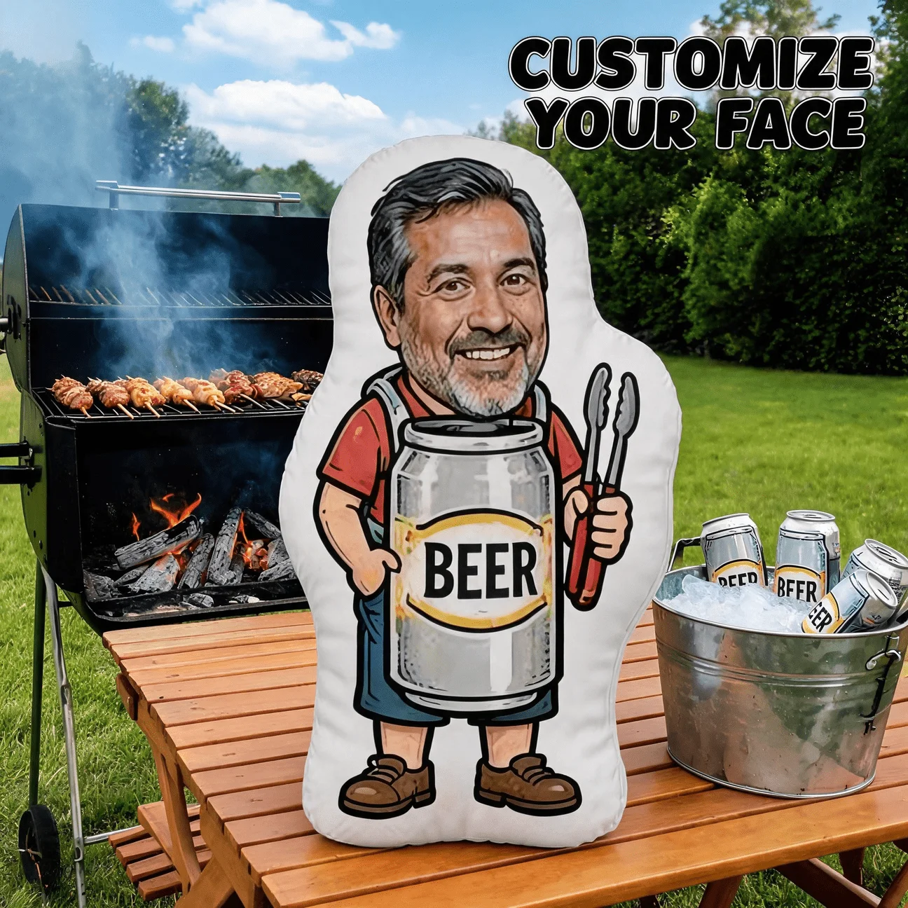 Custom Photo Shaped Pillow, Funny BBQ Grill Master with Beer & Tongs Decorative Cushion, Personalized Face Home Decor for Sofa &