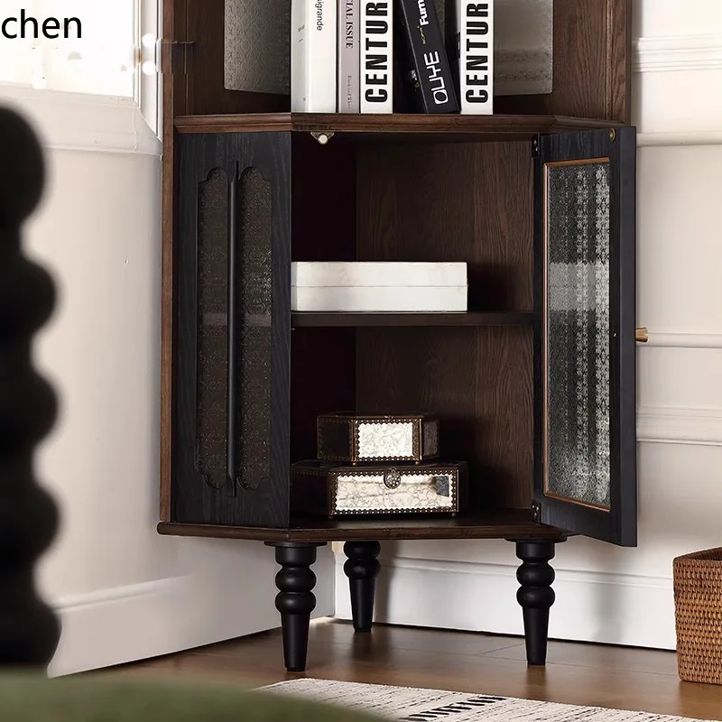 YFY Retro Solid Wood Corner Cabinet Living Room Triangle Cabinet Storage Rack Wall-Mounted Integrated