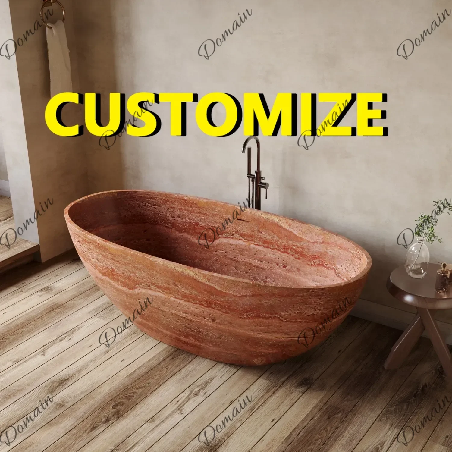 ER Any Size Custom Red Travertine Bathtub Thin Rim Oval Soaking Tub Heat Retaining Durable Easy Clean Freestanding Hotel Villa B