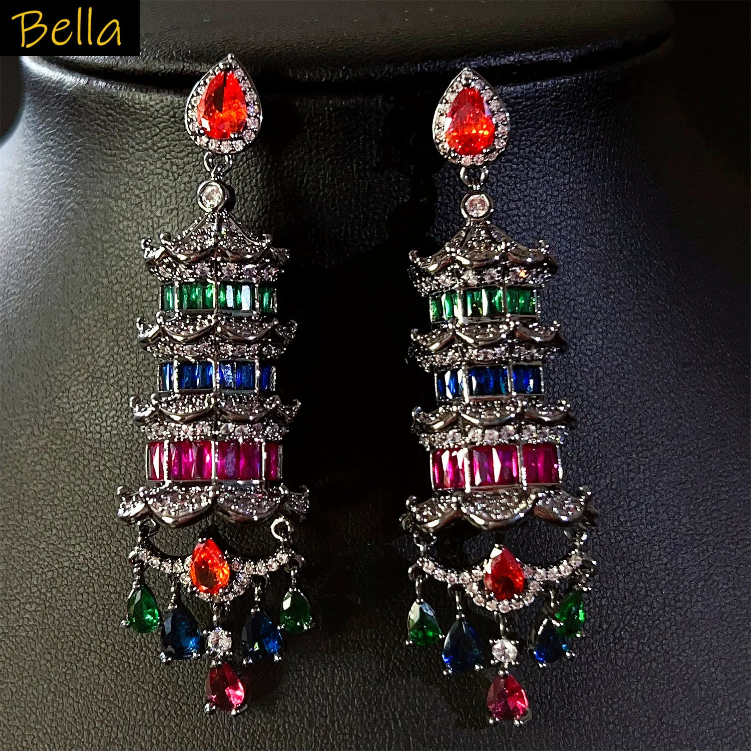 

Gorgeous zirconia long earrings tower pendant fushia pink red black luxury jewelry Chinese style wedding party dangling earrings