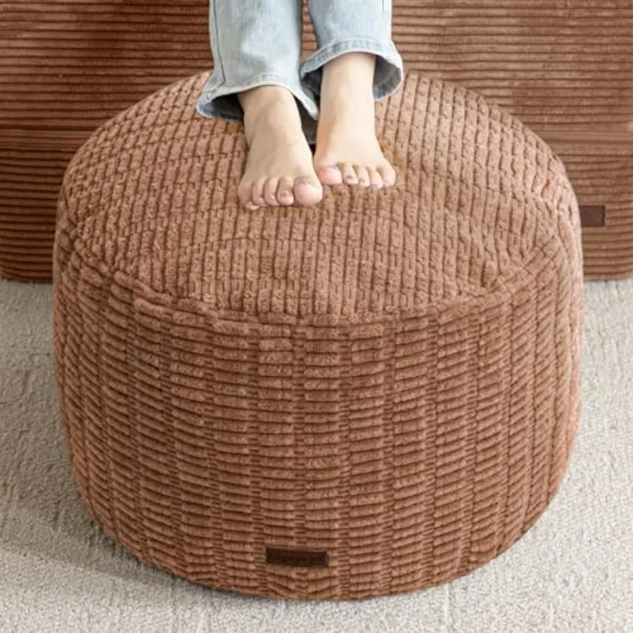 

Living room pouf ottoman: round modern foam-filled footrest in beige boho style, 20x15 inches, decorative relaxed stool for wed
