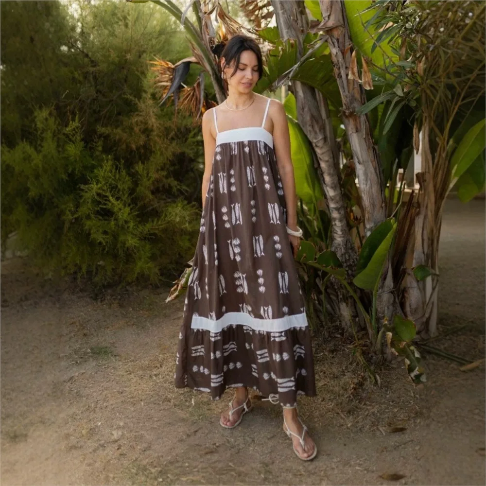 MsChuh Temperament Women Casual Dresses A-line Dress Spaghetti Strap Vestidos For Woman Vacation Holiday Printed Contrast Simple 4