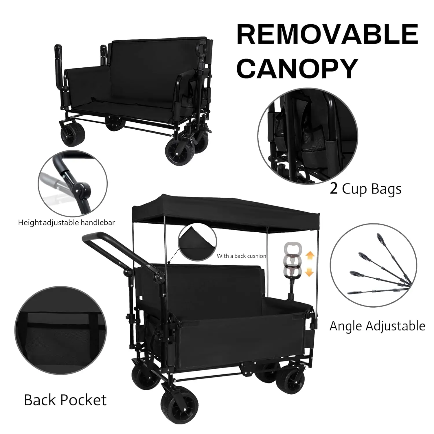 Heavy-Duty Folding Wagon with Bench Seat & Canopy & Storage, 500lbs 180L Capacity, All-Terrain Wagon for Camping , Customized