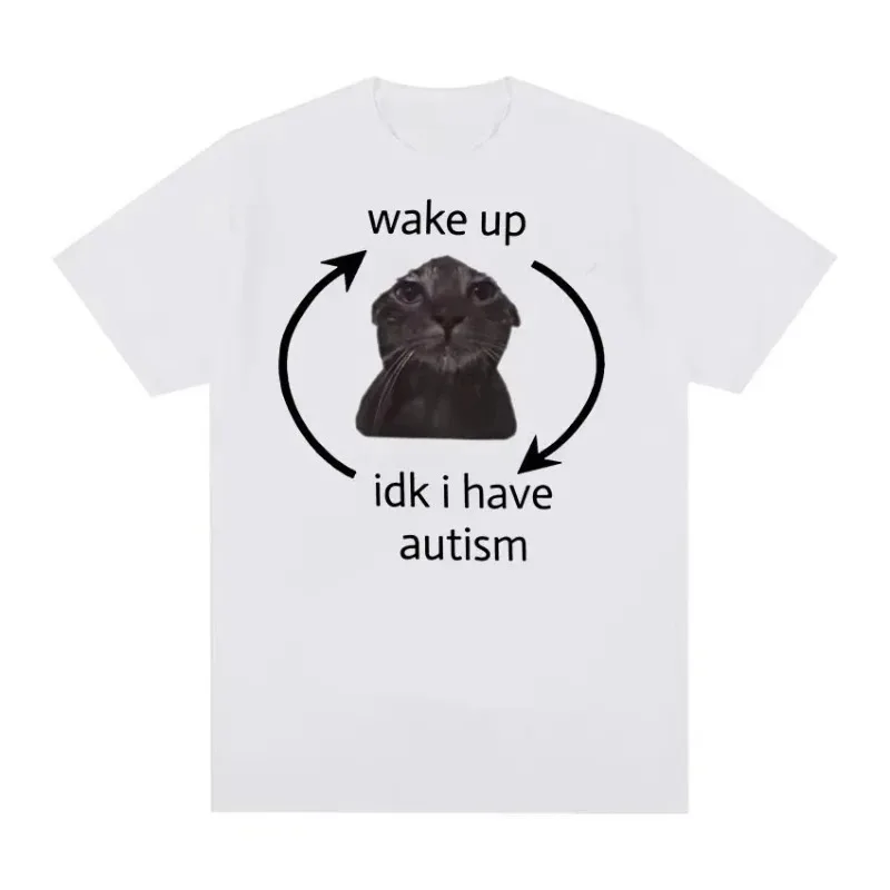 Funny Cat Meme T-Shirt, Wake Up Stop Pretending Print, Cute Graphic Short Sleeve, Unisex Casual Loose Pure Cotton Daily T-shirt