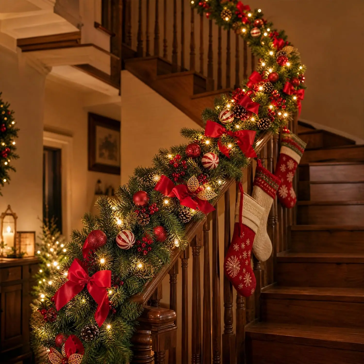 Garvee 9 ft Christmas Garland with 40 LED Lights, 8 Lighting Modes and Timer Plants Garland Wreaths Home Party Decoration Outdoor Yard Pine Tree Rattan Hanging Ornament