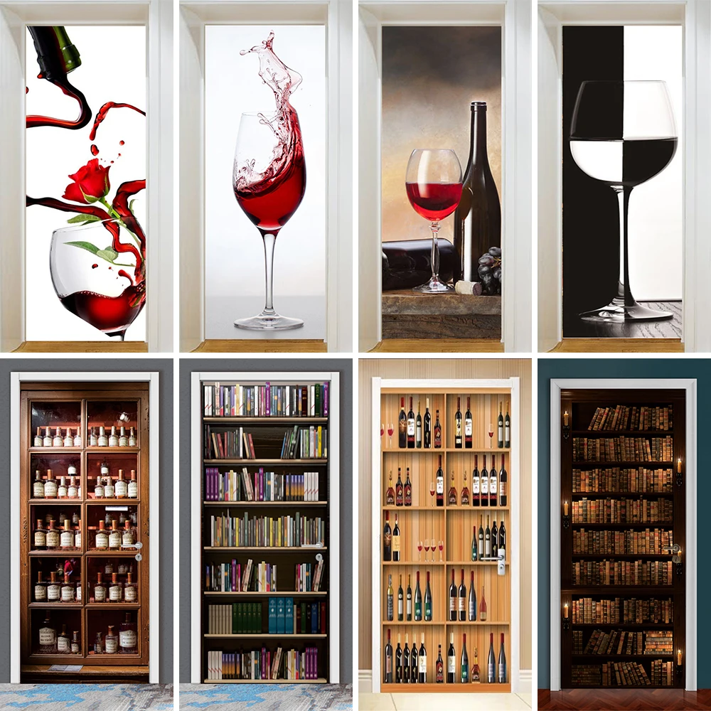 Customized Red Wine Glass Door Sticker Self Adhesive PVC Vintage Bookshelf Book Library Door Stickers Wallpaper Waterproof Decor