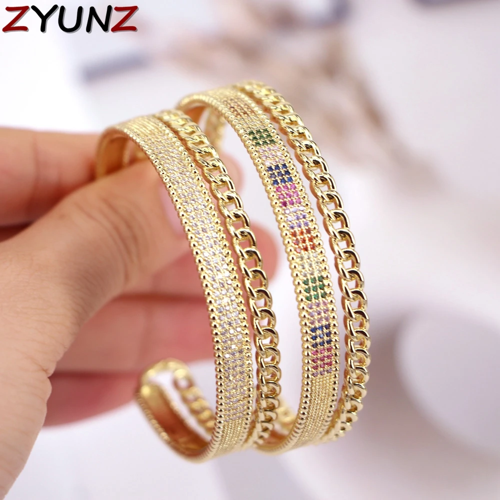 

3PCS, Fashion Ladies Gold Color Metal Copper Bangles For Women CZ Cubic Zirconia Brand Bangles