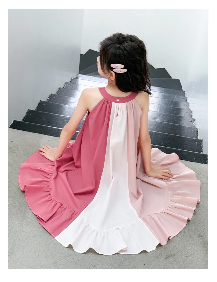 Mädchenkleid mit süßem Farbblock-Design für Sommerkostüme, Baumwolle, hohe Qualität, Kinderkleidung für Alter 7 8 9 10 12 14 Jahre – Detail 19