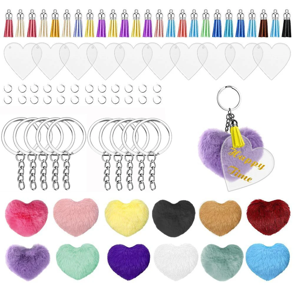 

Heart Shaped Plush Ball with Tassel Heart Shaped Acrylic Key Chain embryo DIY Keychain Jewellery Set