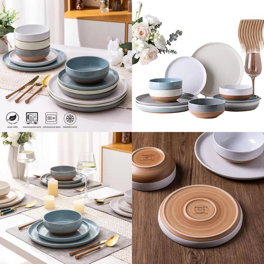 

Handpainted Stoneware Dinnerware Set, 12-Piece with Rustic Terracotta Underside, Dishwasher and Microwave Safe, Multi-Color