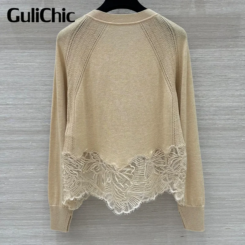 8.28 GuliChic Women\'s High Quality Soft Comfortable Knitwear Fashion Elegant Lace Spliced O-Neck Long Sleeve Casual Cardigan