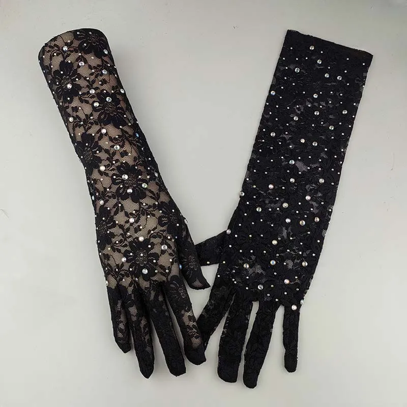 Halloween Retro Makeup Party Accessories Women 45CM Long Thin Elastic Mesh Flower Shiny Rhinestone Sexy Black Hollow Lace Gloves