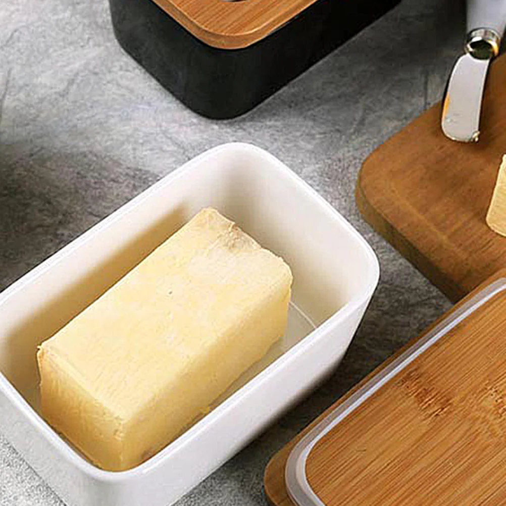 

Ceramics Butter Box Rectangular Solid Color Design with Wooden Lid Food Storage Container Butter Plate for Table Serving