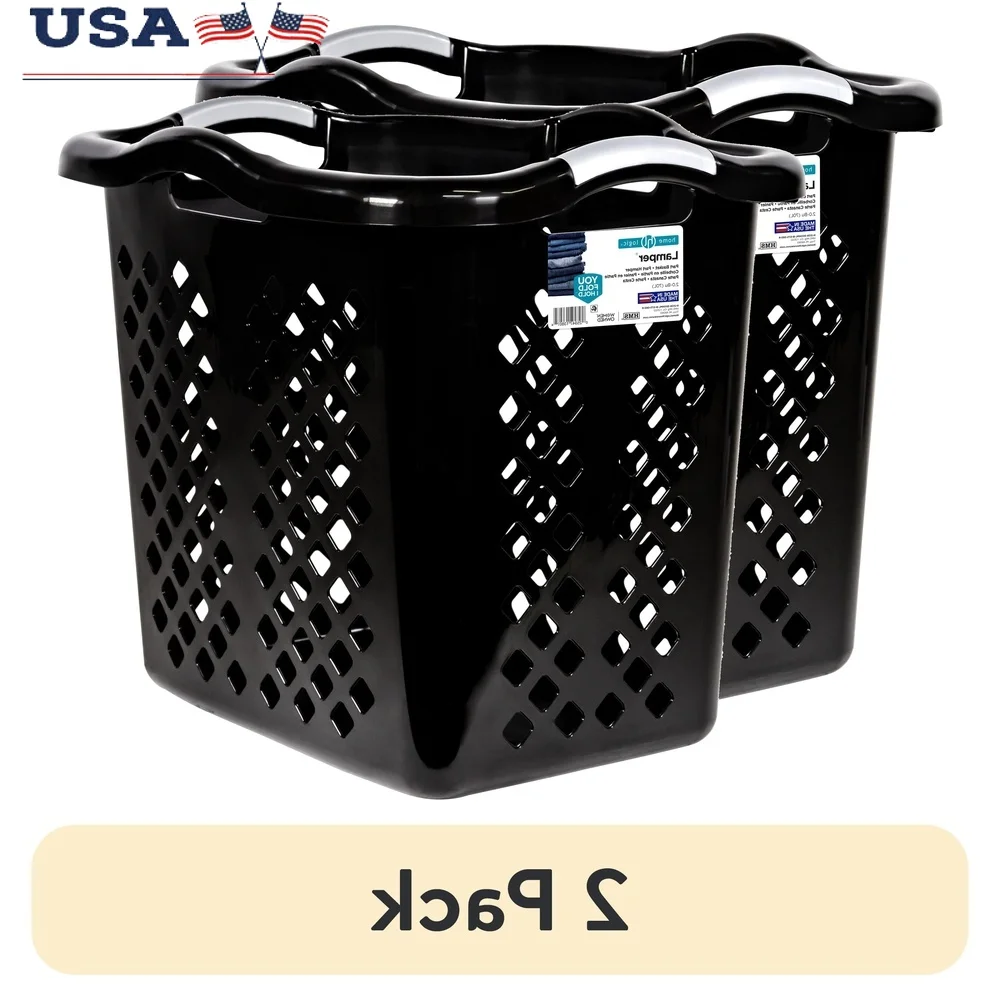 

2 Pack 2 Bushel Plastic Laundry Basket Hamper Sorter with Carrying Handles Adults Tweens Square Design Easy Clean