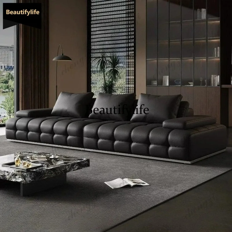 D80 Luxury Lawrence in line top leather sofa living room sofas and seating modern black minimalist couch 112cm 420cm furniture