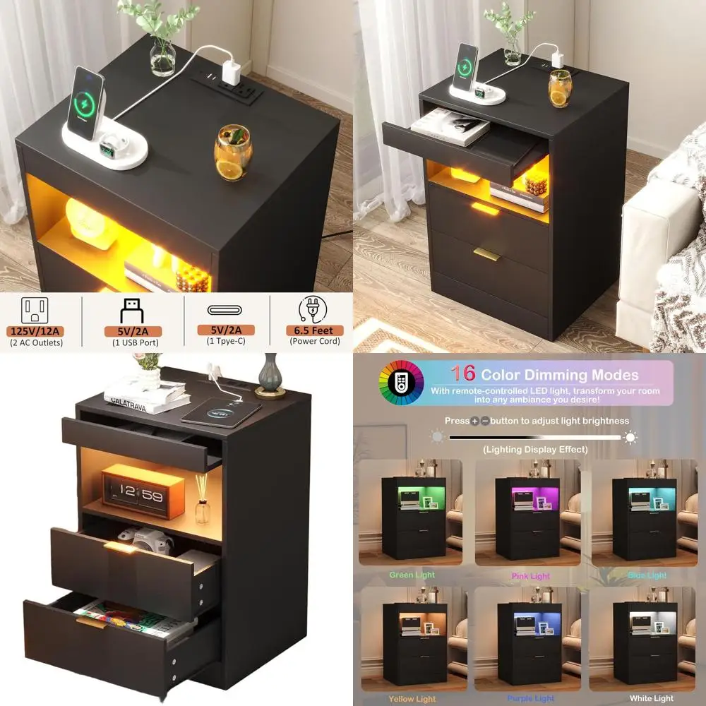 

Современная деревянная тумбочка со светодиодной подсветкой и двойными выдвижными полками, черный приставной столик для дивана