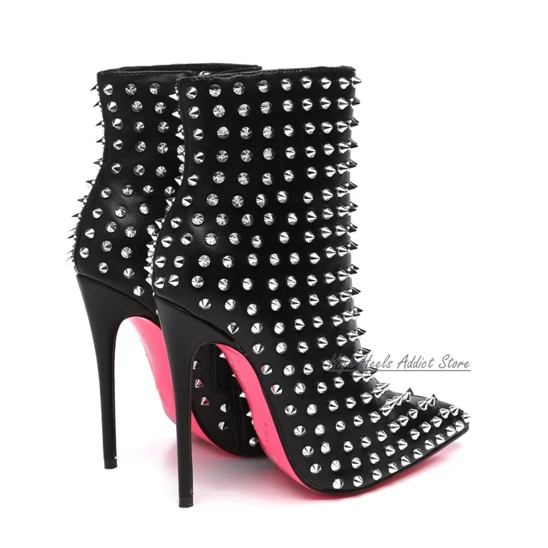 Pink Sole Studded Leather Ankle Boots Sexy Pointed Toe High Heels Zip Rivets Black Booties Luxury Big Size Party Shoes for Women