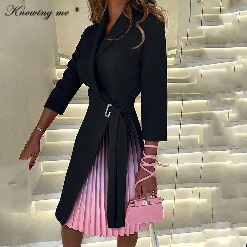 Office Lady Blazer Dress Women Elegant Autumn belt side pleated patchwork Dress Women Spring Lapel Slim Midi Blazer Party Dress