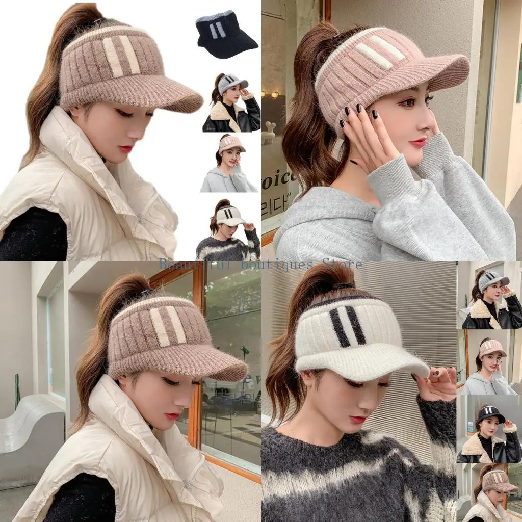 U4LF New Fashionable Empty Top Knitting Hat Color Matching Casual Winter Women Hat All-match Dome Duck Tongue Hat for Female