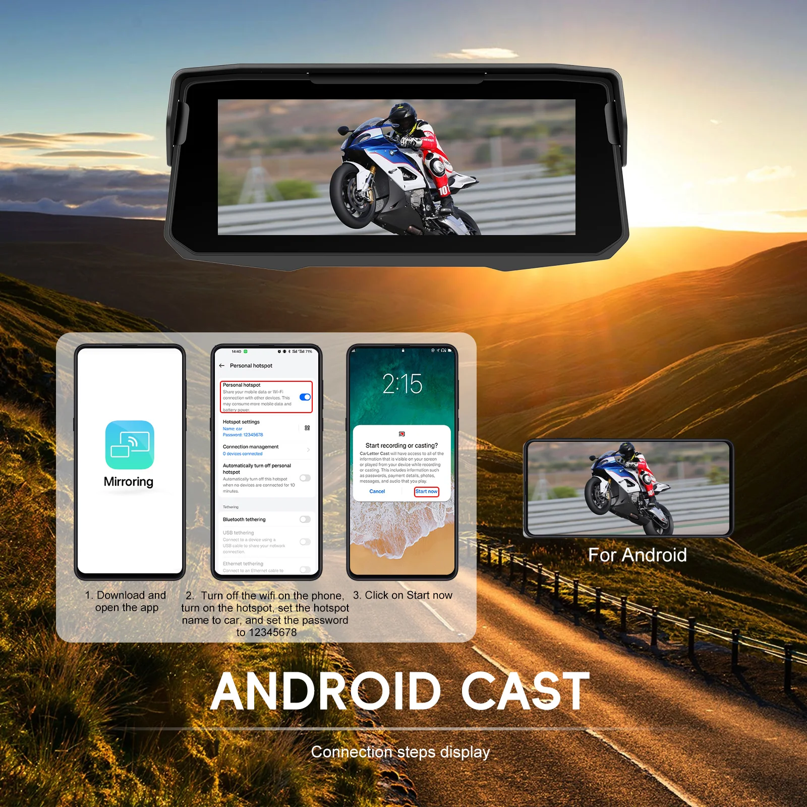 Podofo Carplay Android Auto Motorrad-Armaturenbrett-Navigationsmonitor Videorekorder Armaturenbrett IP68 Wasserdichter BT Smart Screen Player Videorekorder