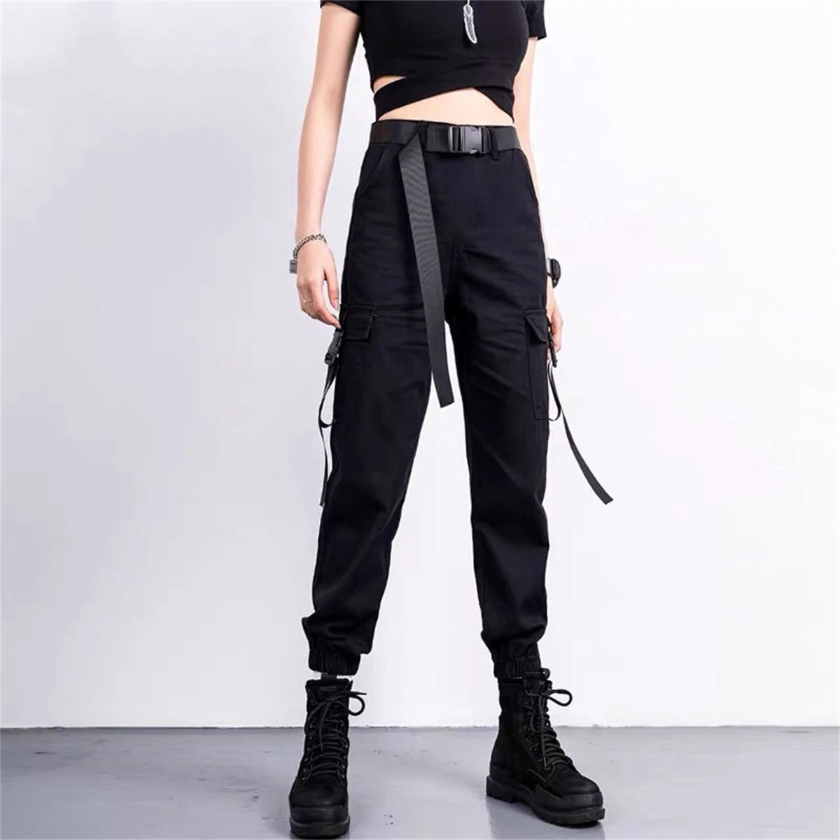 2025 pantalones Cargo de moda para mujer, pantalones de Skateboarding con bandas en el tobillo a juego de colores, pantalones de chándal negros para correr, ropa de calle para mujer