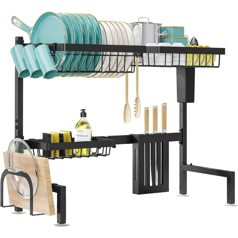Dish Drying Rack Over The Sink - Large Capacity Stainless Steel Dish Drainer, Multifunctional Kitchen Organizer, Black,