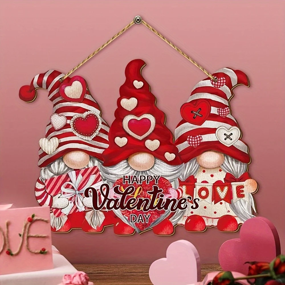 2D 8in Valentine's Day Romantic Wooden Plaque Pink Dwarf Figures Irregular Hanging Decoration Home Garden Artistic Craft