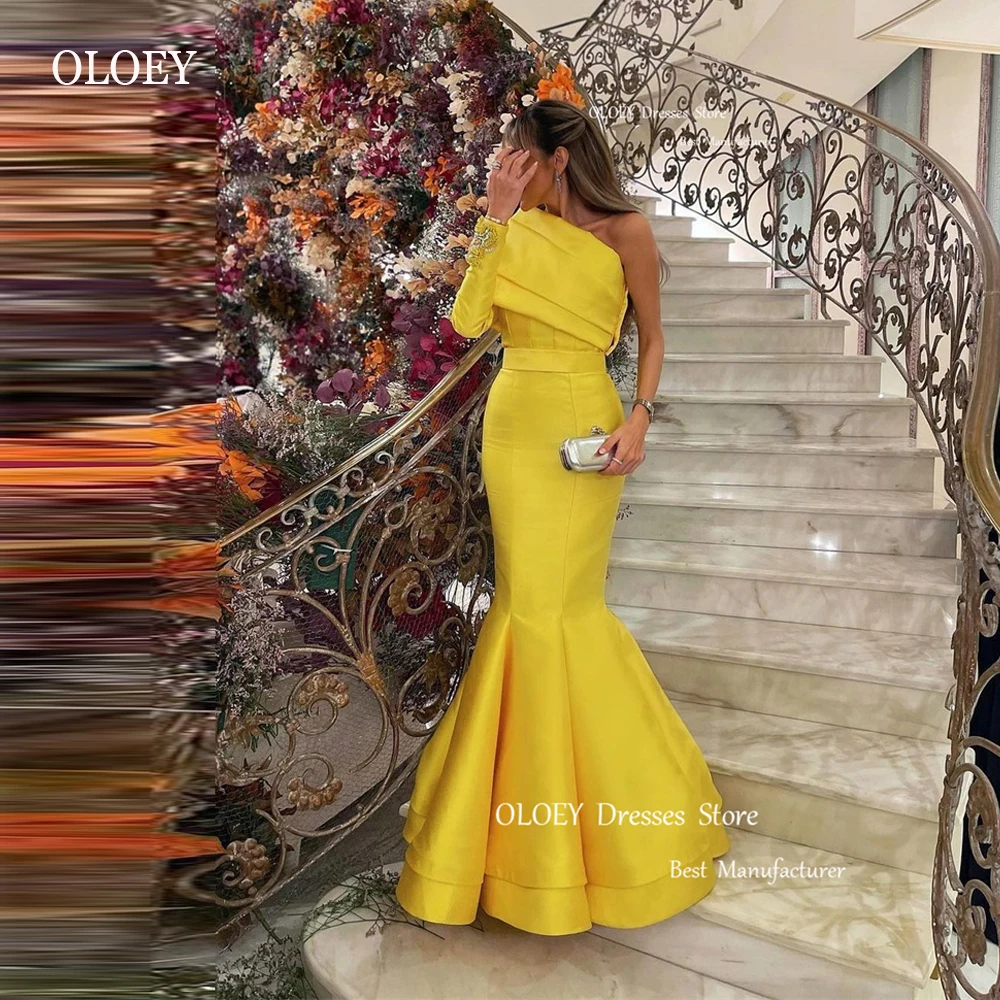 

OLOEY One Shoulder Long Sleeve Arabic Women Evening Dresses Mermaid Dubai Satin Tiered Skirt Prom Gowns Formal Occasion Dress