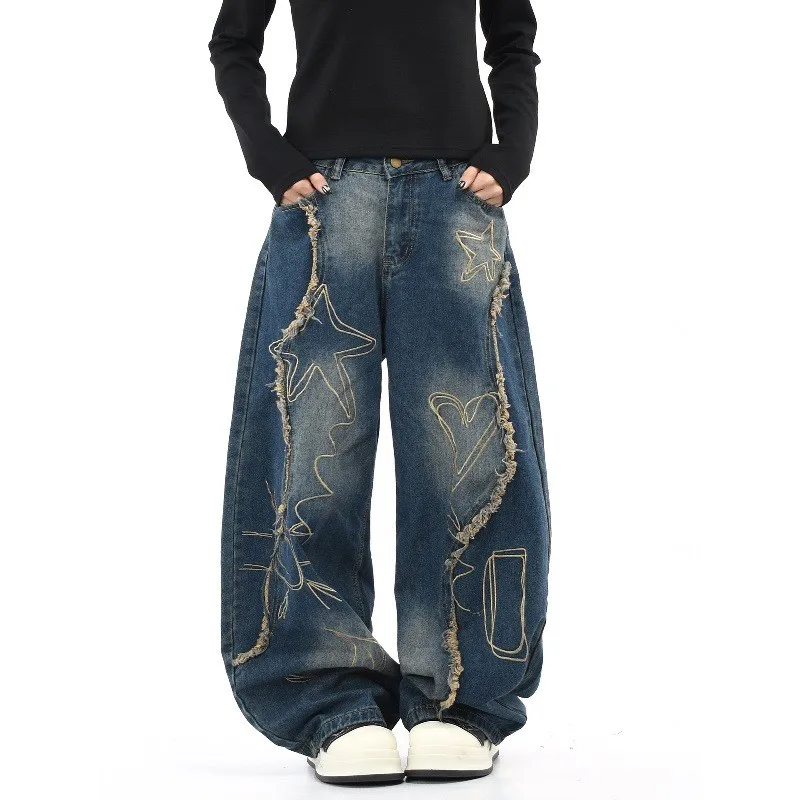 

Ретро-джинсы в американском стиле с вышивкой, свободные, широкие, в пол, прямого кроя, для мужчин и женщин
