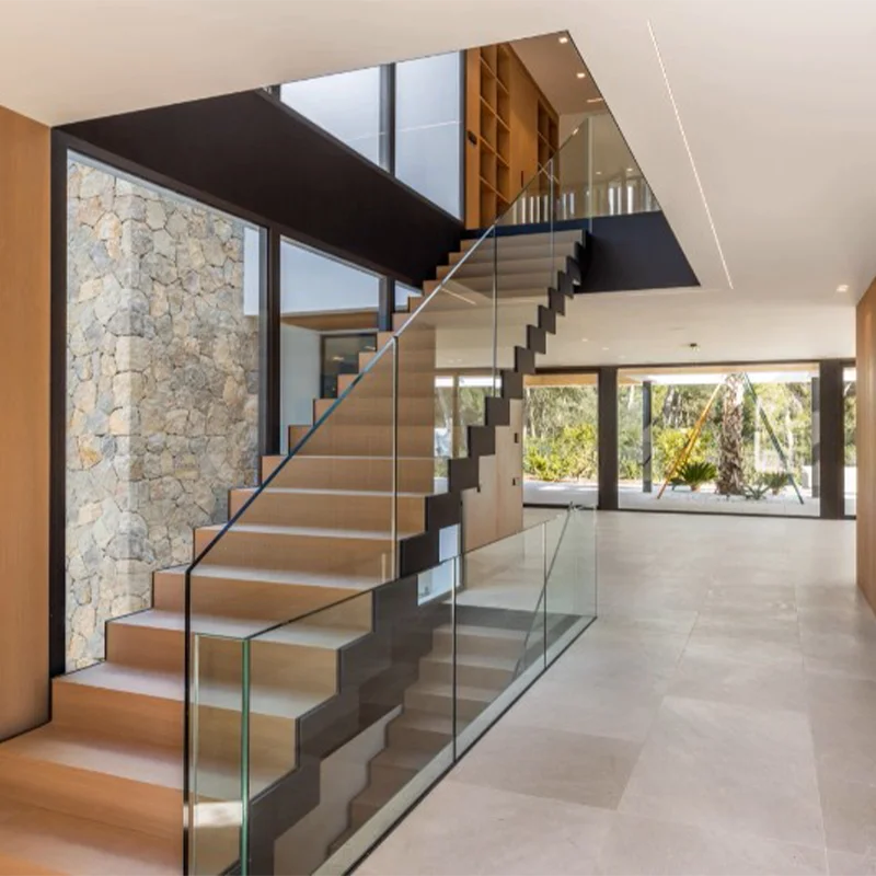 Custom Design Prefabricated Wooden Ladder Apartment Building Wooden Staircase Design Interior Wooden Tread Floating Staircase
