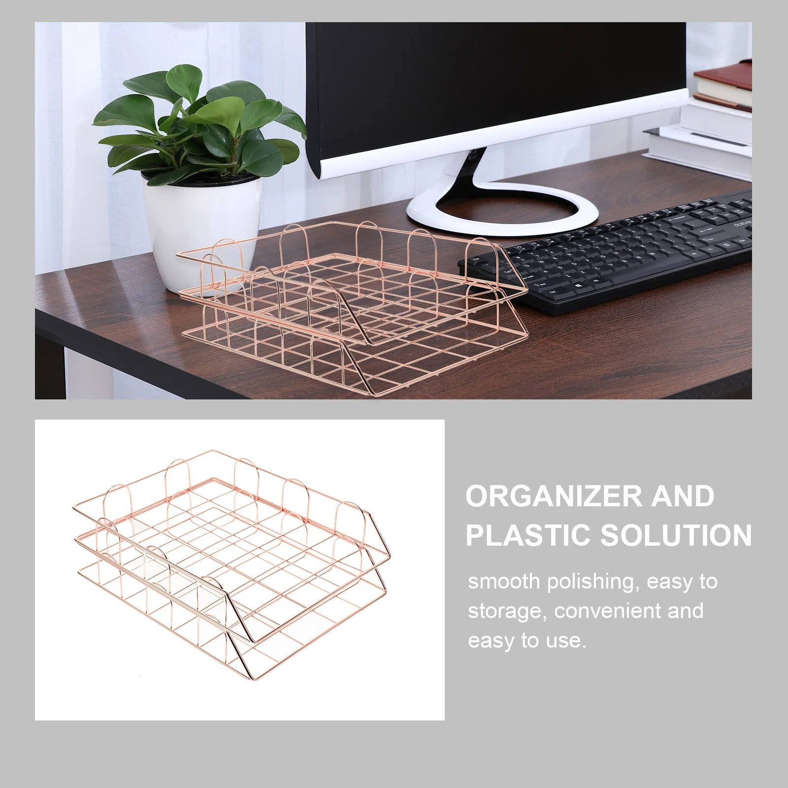 

2 Pcs Rose Gold Metal File Organizer Desk Trays A4 Document Storage Magazine Holder Iron Craft Office Supplies