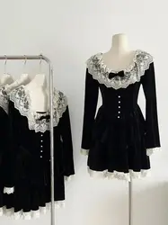 Czarna sukienka francuska elegancja Fairy Fashion Vintage luksusowe jednoczęściowe sukienki Kpop 2000s estetyczne słodkie suknia wieczorowa Streetwear Gothic