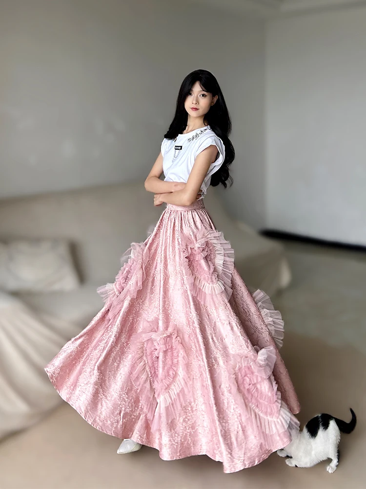 TIYIHAILEY Satynowa Różowa Elastyczna Talia XS-XL Linia A Kwiaty Damskie Wysokiej Jakości Wiosna Jesień 2025 Nowe Modne Spódnice