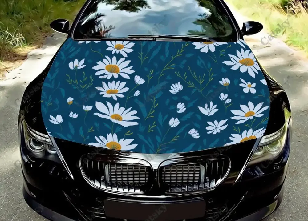 Blue With White Daisy Car Hood Vinyl Stickers Wrap Vinyl Film Engine Cover Decals Sticker Universal Car Hood Protective Film