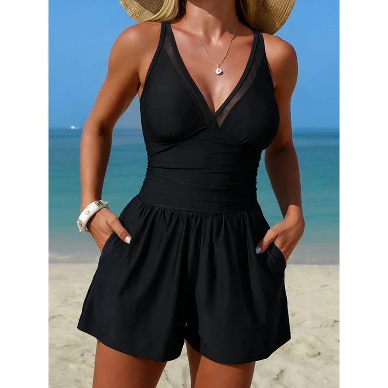 2026 Women's One Piece Mesh Swimsuit Tummy Control Swimwear Romper with Pockets High Elastic Female Beach Bathing Swim Bodysuit