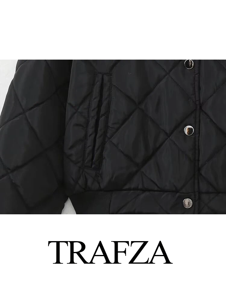 Trafza-女性用ショートコットンボンバージャケット,クルーネック,シングルブレスト,長袖,ポケット,カジュアルコート,エレガントなファッション,冬