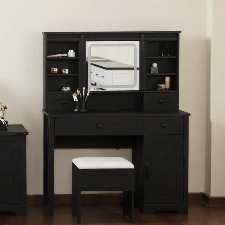 Farmhouse Makeup Vanity Desk with Electrical Outlet, Sliding Mirror and LED Lights, Adjustable Light Color