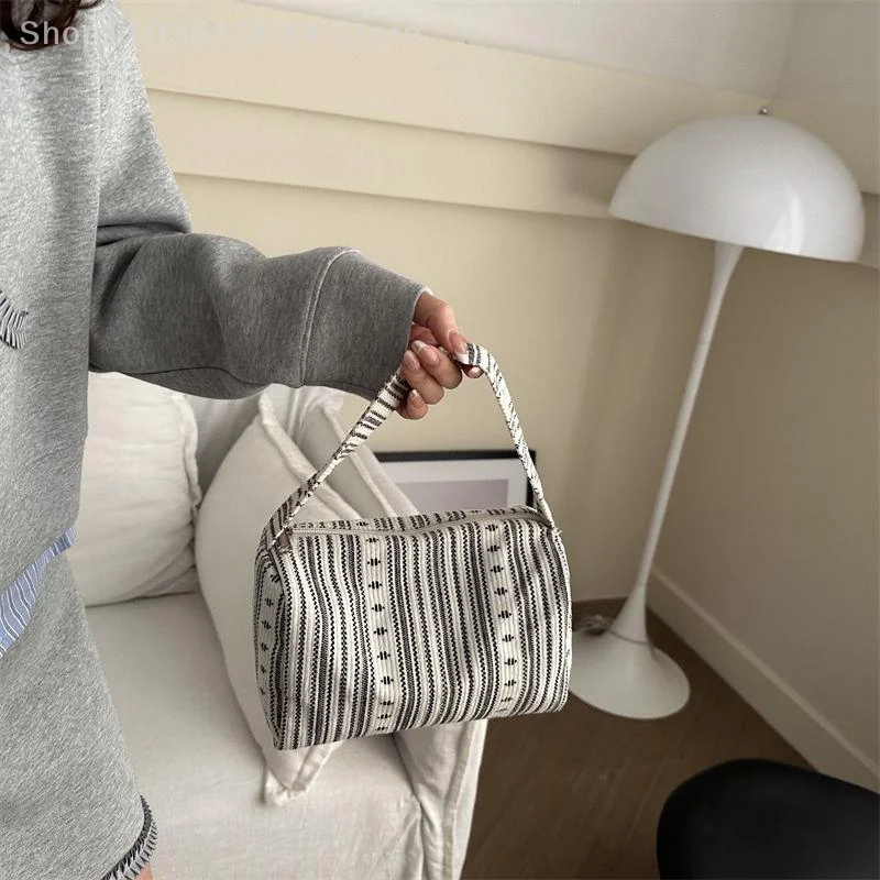 

Trendy Fashion Black White Striped Corduroy Cosmetic Makeup Bag Toiletry Bag Large Capacity Travel Portable Handbag Storage Bags