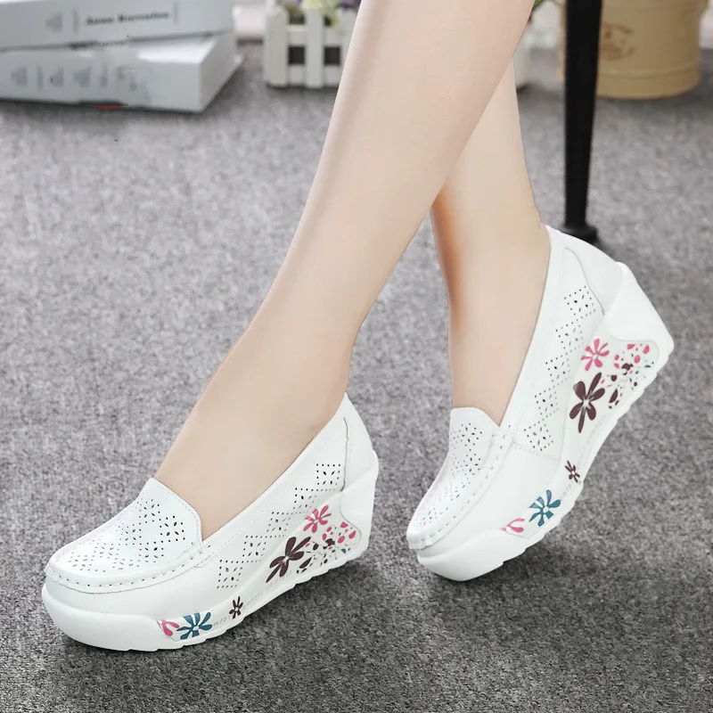 

Spring New Women's Genuine Leather Platform Shoes Lady Wedges White Casual Shoes Mother Shoes free shipping Size 35-40