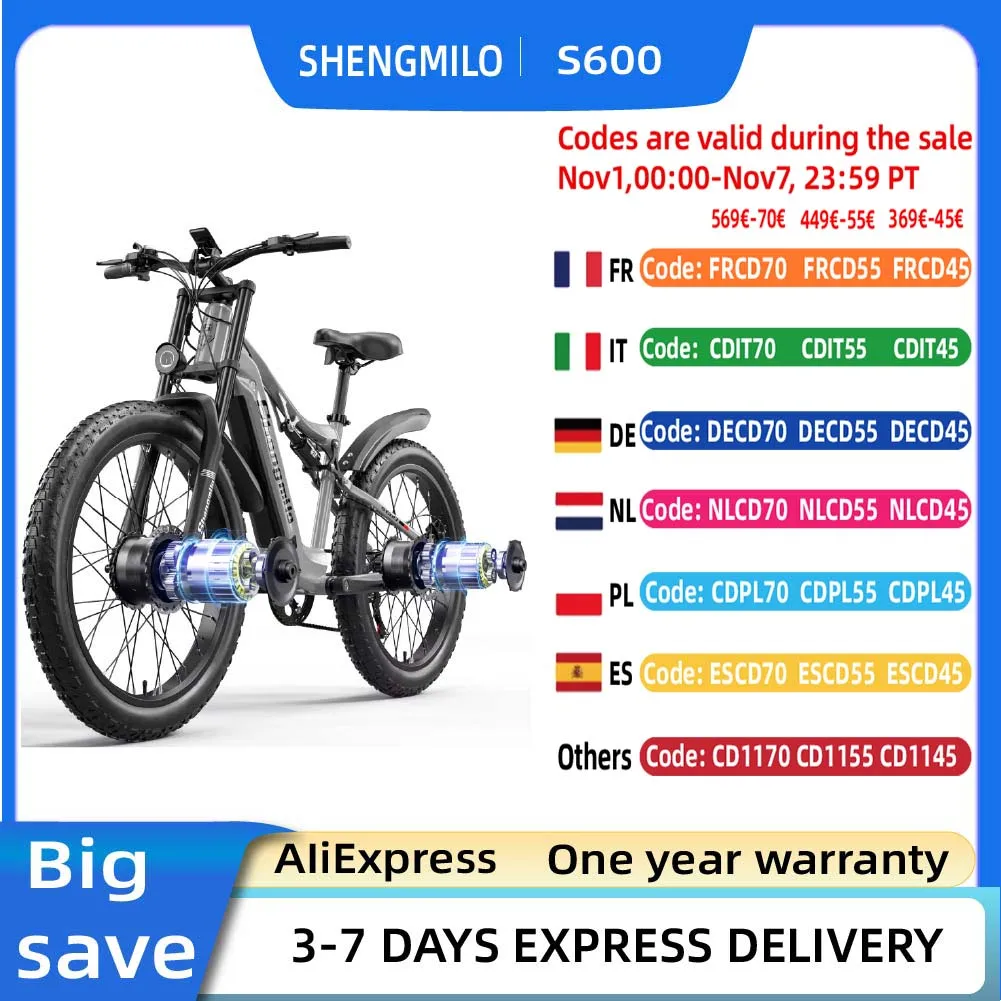 Shengmilo S600 adulte 2000W vélo électrique hommes e-mountain ebike avec deux moteurs, batterie 48V840WH, vélo électrique à gros pneus 26 "
