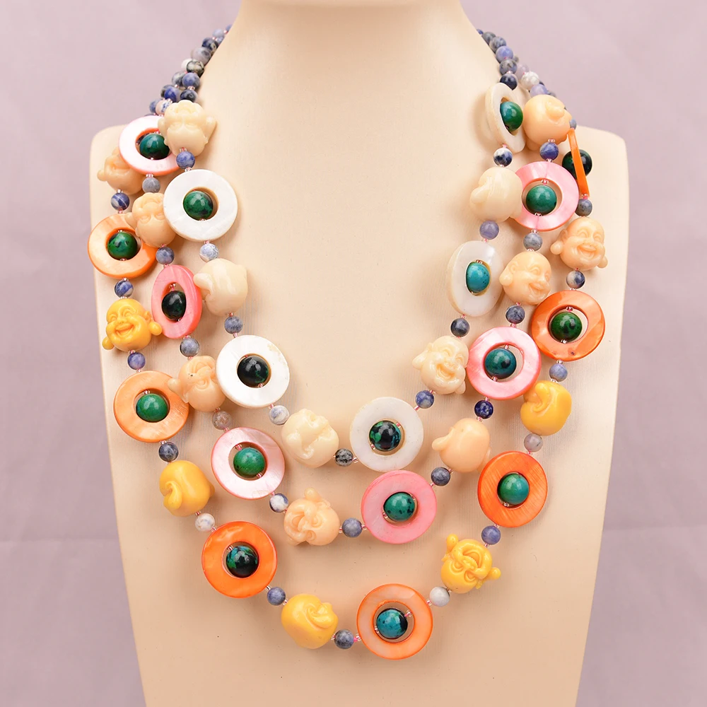 APDGG A34 Handmade 3 Rows Natural Mix Stone Shell Jasper Stone Multi Strands Necklace