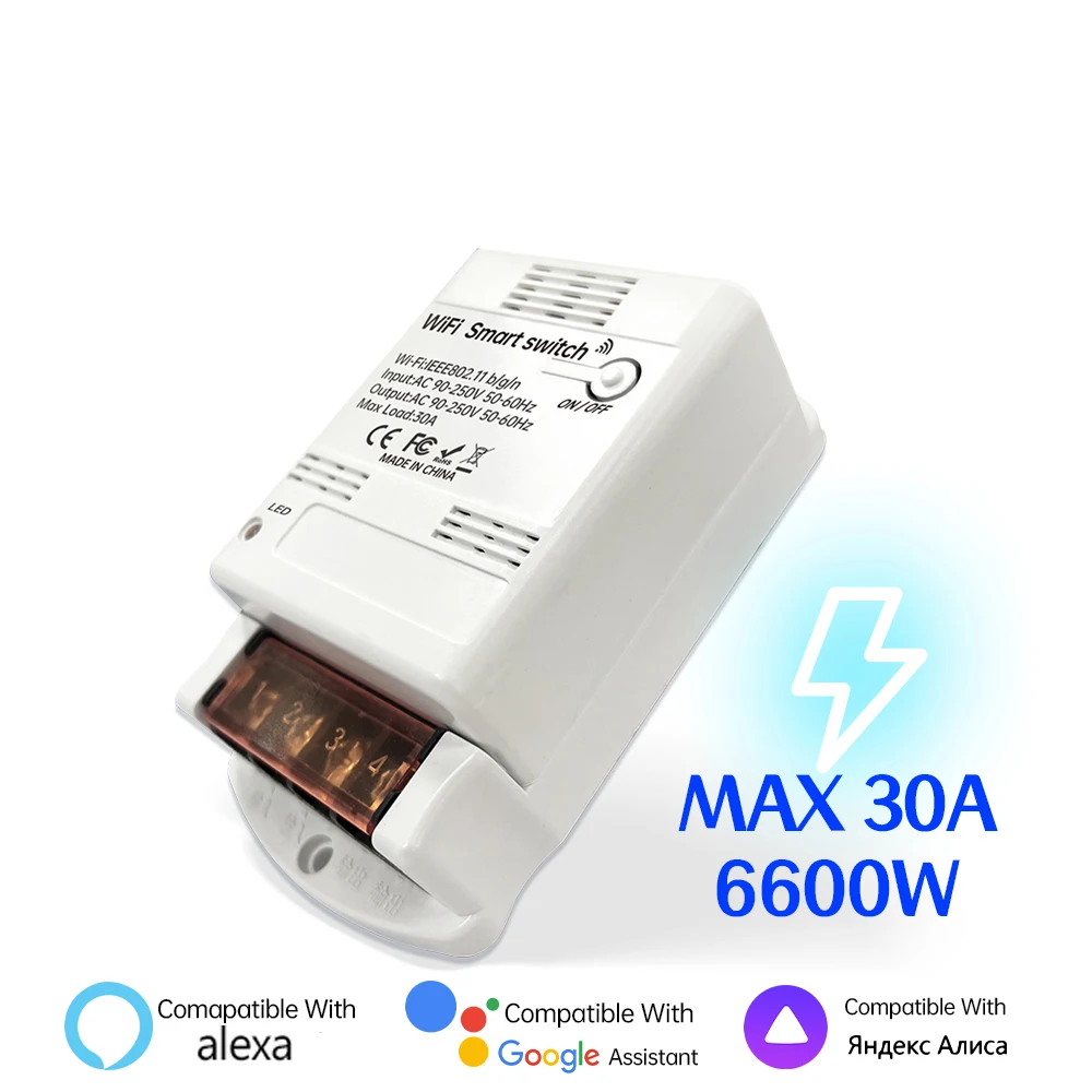 

Модуль интеллектуального реле Sixwgh 30A 6600W Tuya WiFi с поддержкой управления через Alexa/Google Home, дистанционное включение/выключение, домашняя автоматизация