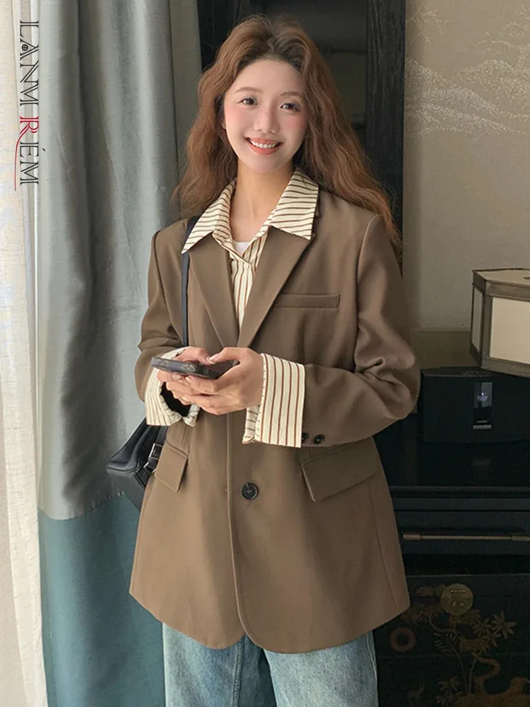 LANMREM Vintage Women's Blazer Striped Collar Contrast Color Patchwork Single Breasted Coat 2025 Spring New Clothing 2AA5085