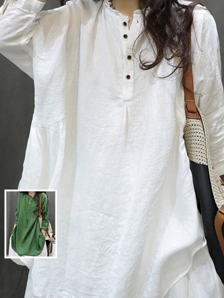 

Художественный однотонный лоскутный льняной топ Seven Sve со свободным воротником, полуоткрытый женский повседневный топ средней длины большого размера