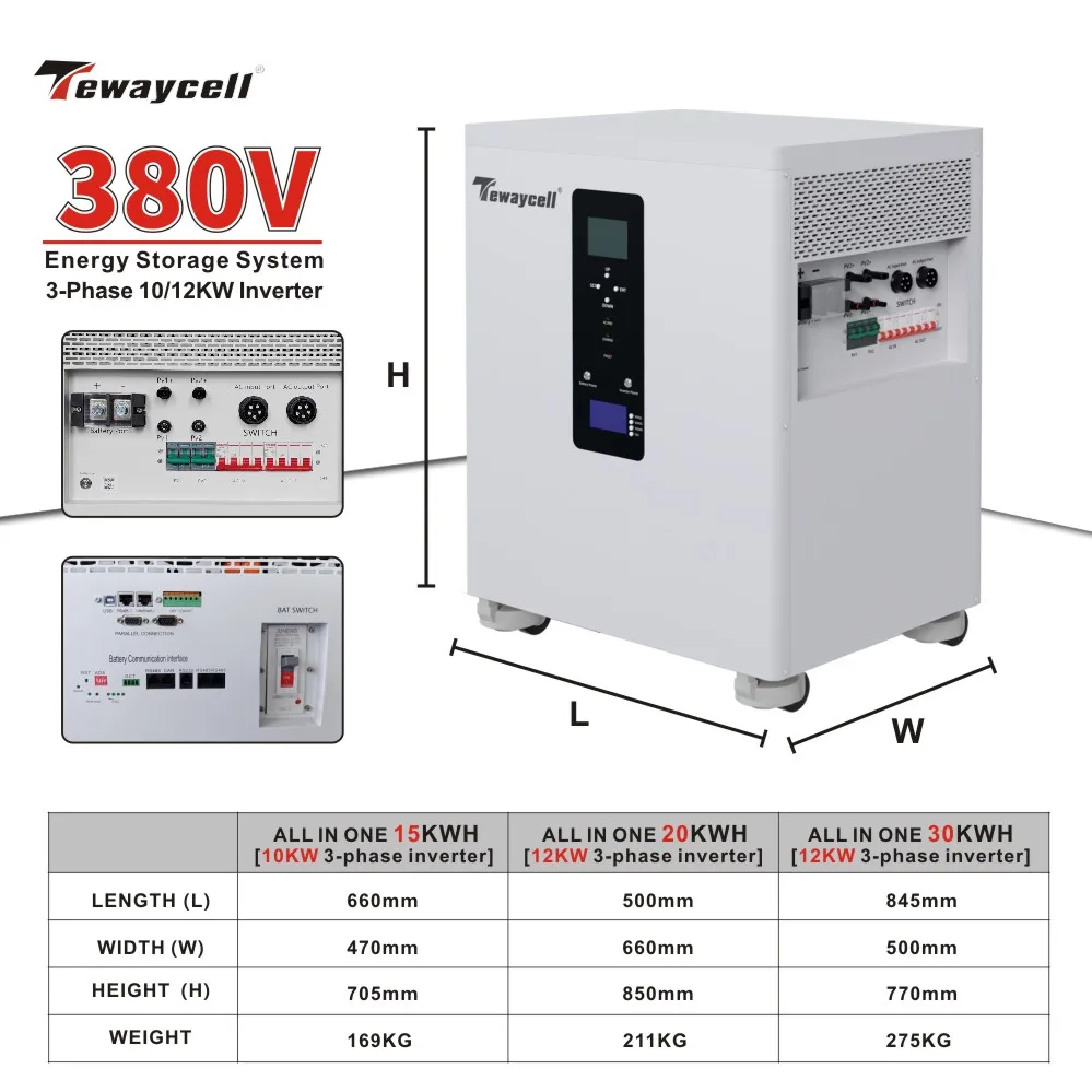 올인원 삼상 20KWh 15KWh AC380V LiFePO4 배터리 Tewaycell 51.2V 가정용 태양광 시스템 내장 10KW 인버터 모바일 ESS