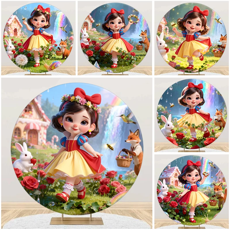 

Snow White Baby Round Background Disney Pricess Kids Girl 1st Birthday Party Baby Shower Rose Flower Round Photography Backdrop
