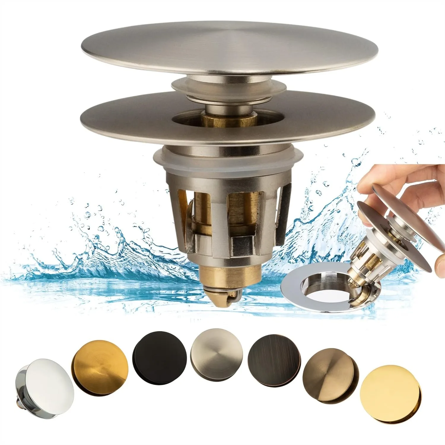 

Universal Bathroom Sink Drain Stopper, Fits Most Pop-Up Drains, Detachable Hair Catcher, Brushed Nickel