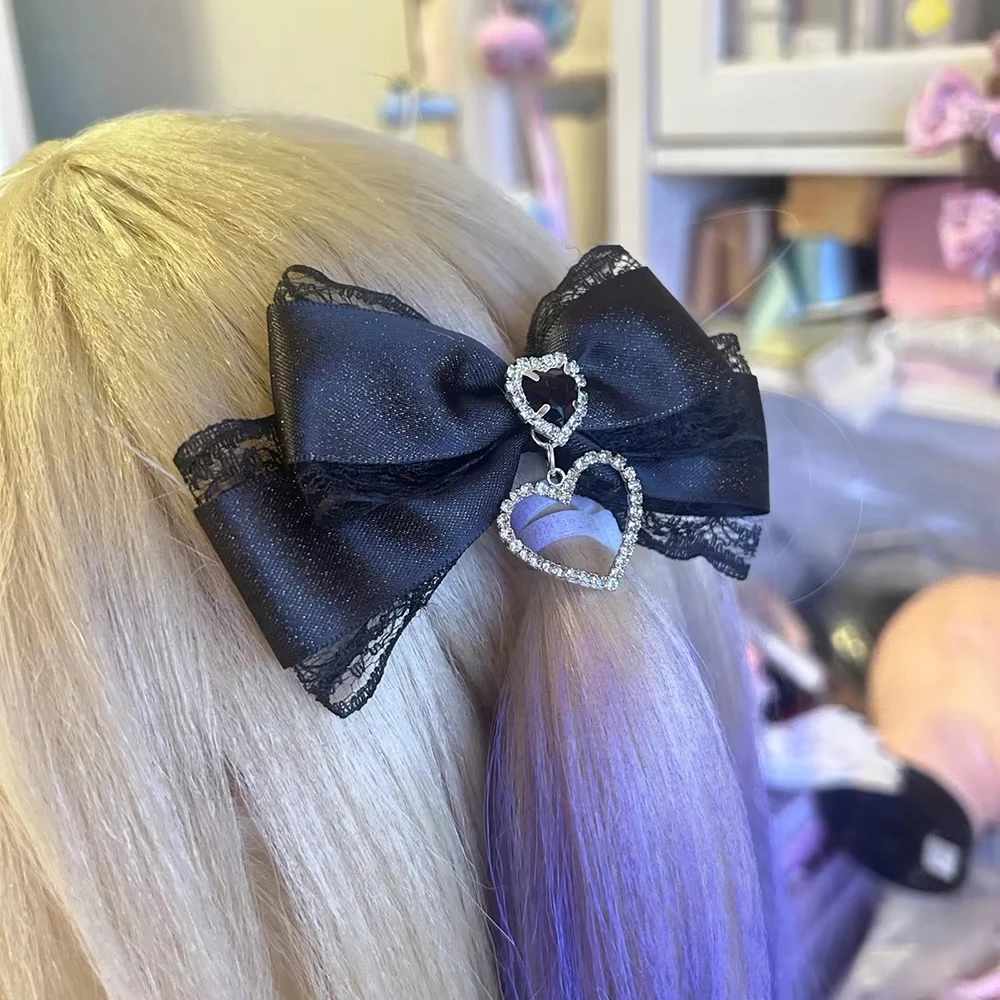 1/2Pcs Y2k Gothic Harajuku Lace Bow Hair Clips Lolita Girls Sweet Cool Hairpins Double Ponytail Hair Accessories DIY Bag Decor